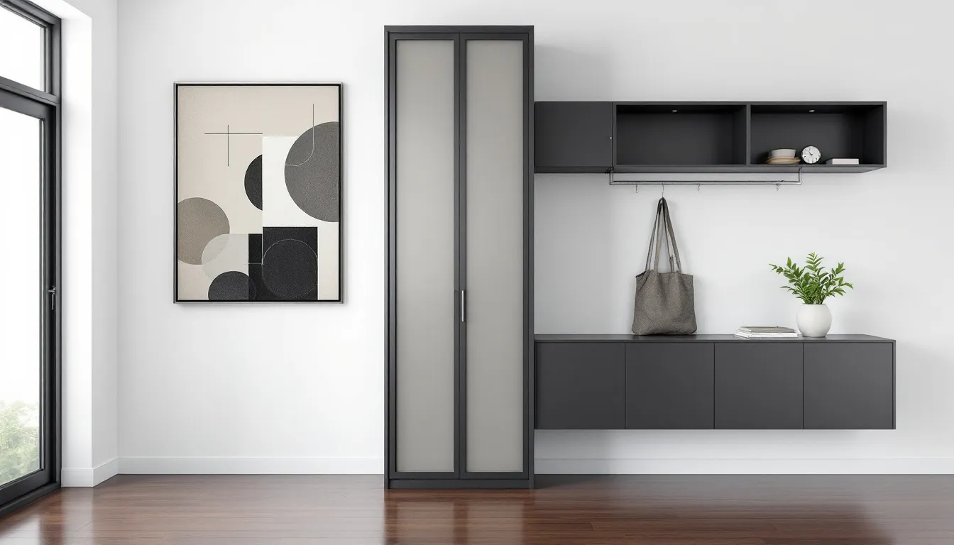 Maximizing wall space in an entryway with smart storage solutions and decorative wall art.