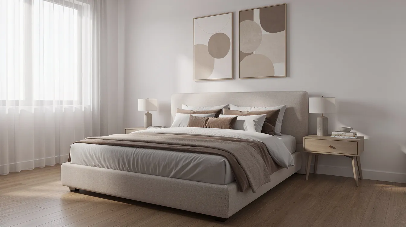 The image depicts a contemporary bedroom featuring an upholstered bed frame with neutral bedding, complemented by minimalist wall art that adds aesthetic appeal. This stylish space showcases clean lines and high-quality materials, making it an ideal choice for modern homes.