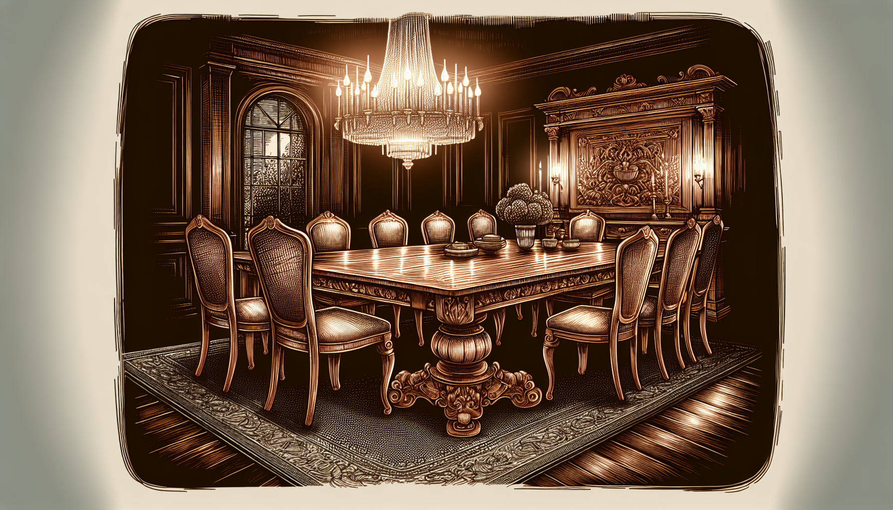 A beautifully illustrated solid wood dining table surrounded by chairs, exuding warmth and elegance