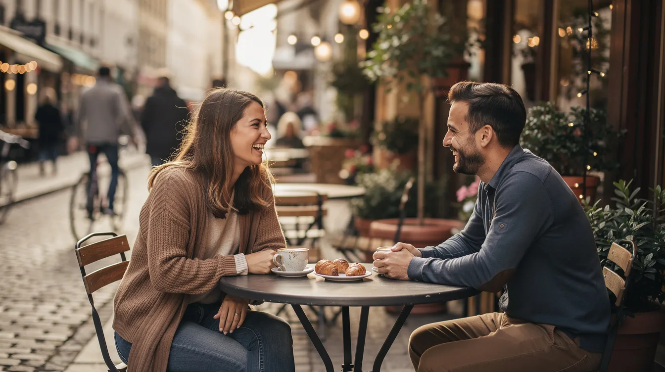 A couple is seated at an outdoor cafe, engaged in a relaxed conversation, enjoying each other's company while setting healthy boundaries for their relationship. The scene captures a moment of intimacy and self-awareness as they discuss their thoughts and feelings, contributing to their overall well-being.