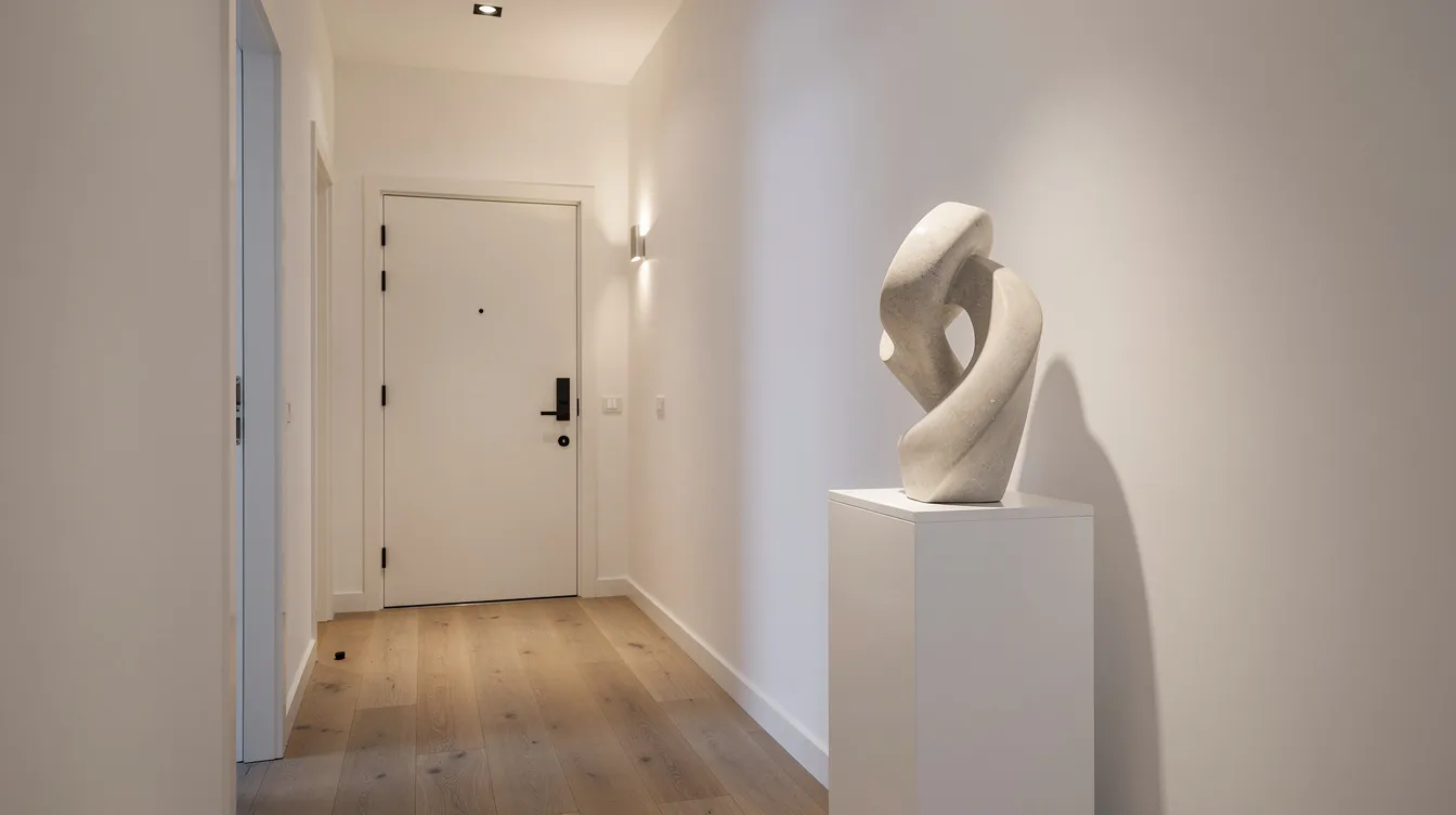 Een smalle hal met een elegant bronzen beeld op een witte zuil naast de voordeur, verlicht door warme verlichting die een luxe uitstraling creëert. Dit opvallende kunstwerk voegt een unieke sfeer toe aan het interieur en benadrukt de persoonlijke stijl van de ruimte.