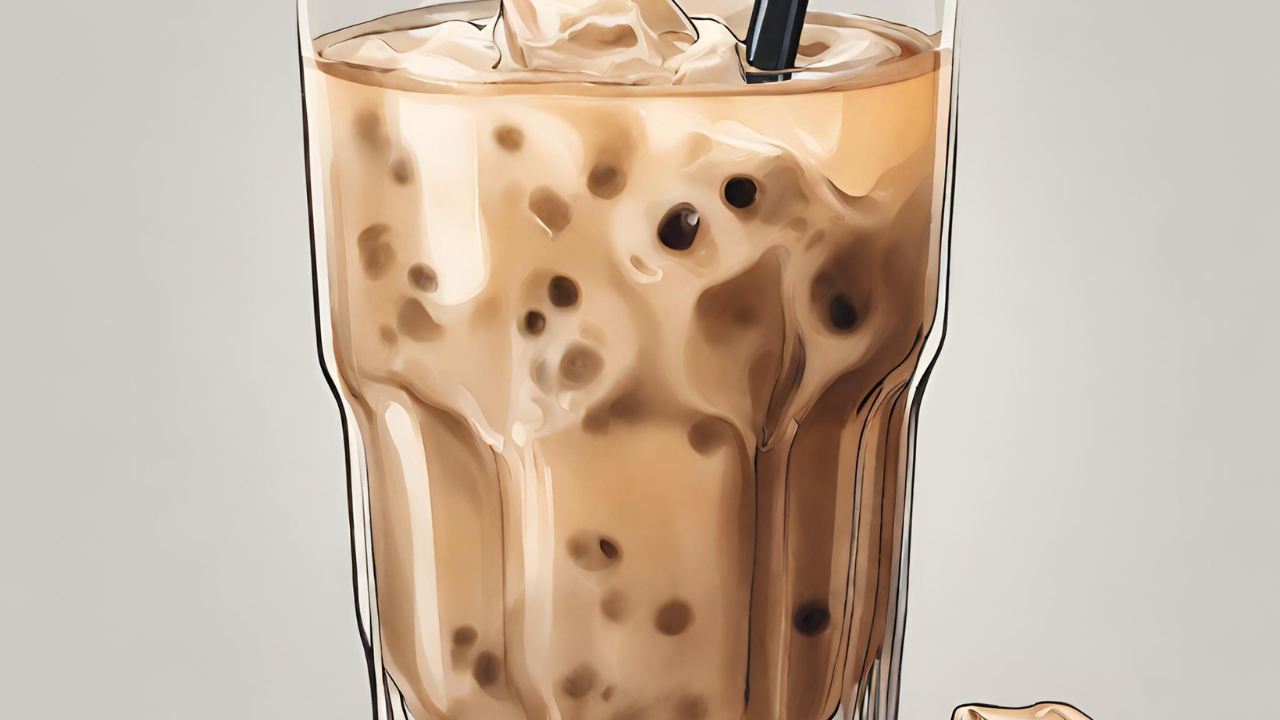 A glass of milk tea with ice cubes and a straw, representing the question of how long does milk tea last in the fridge