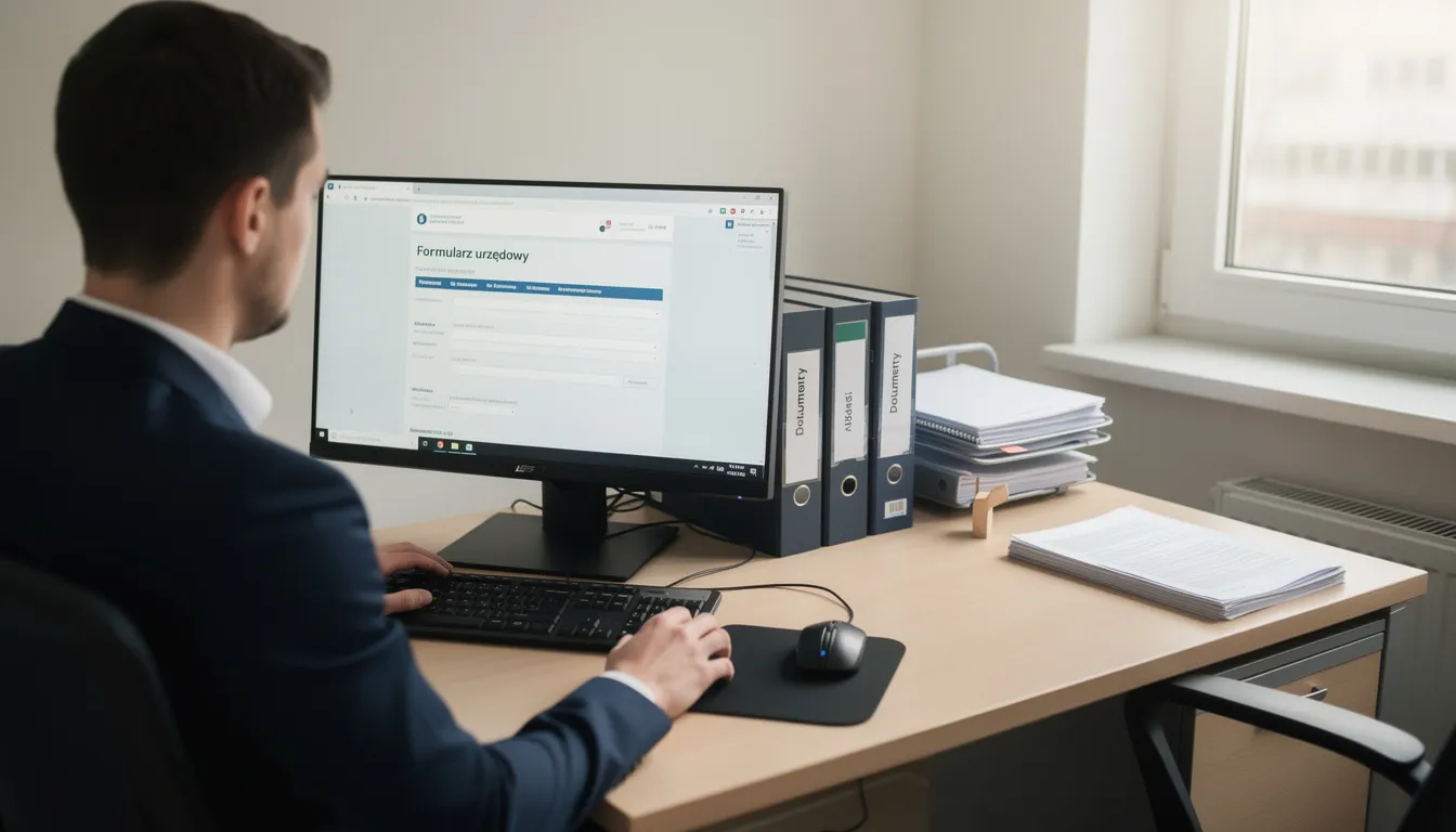 Na obrazku widoczna jest osoba siedząca przy biurku, wypełniająca oficjalny formularz urzędowy na komputerze. W tle znajdują się dokumenty oraz akcesoria biurowe, co sugeruje pracę związaną z krajowym systemem e-faktur i wypełnianiem formularzy zaw fa.