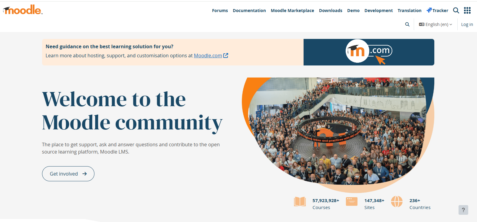 Moodle homepage showcasing the open-source learning management system with collaborative learning tools, online courses, and education community resources.