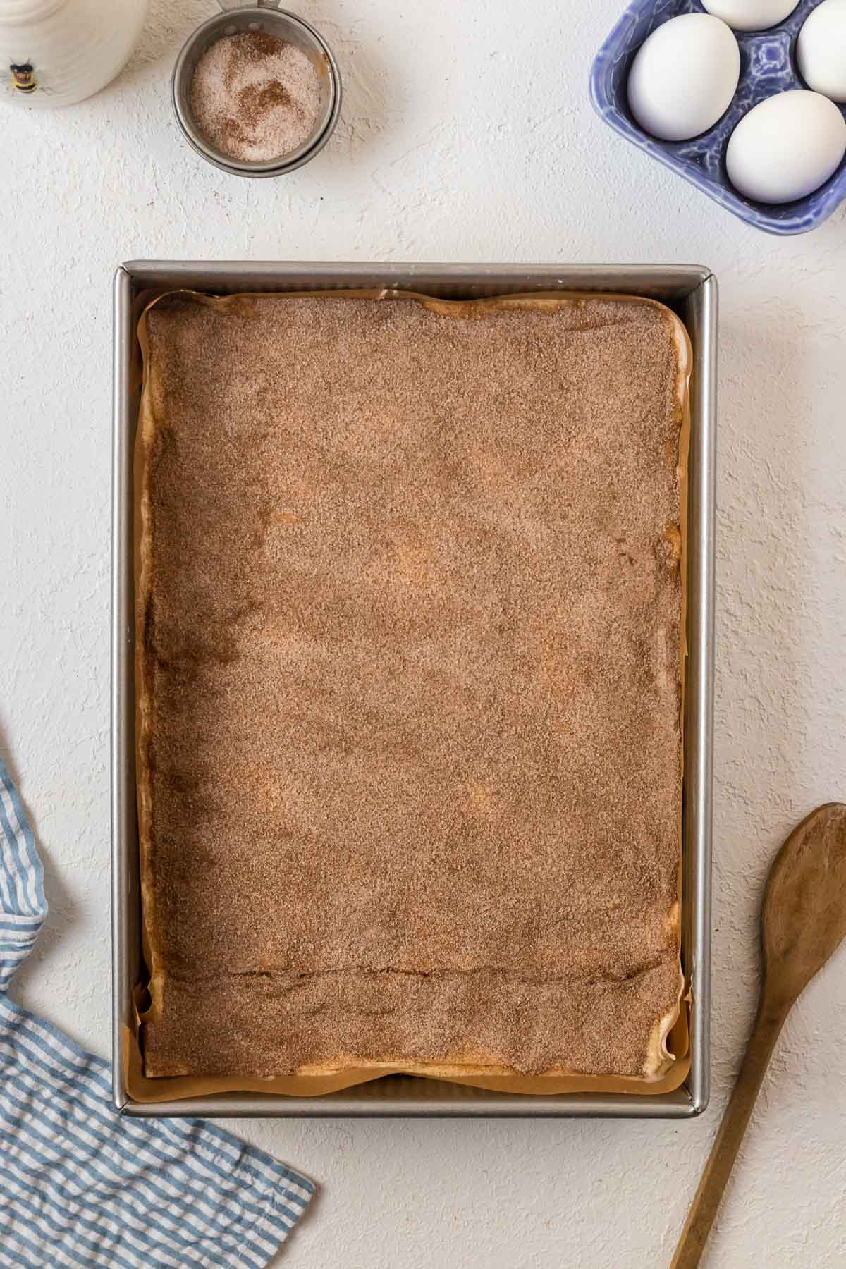 cinnamon sugar dusted on top of cheesecake bars