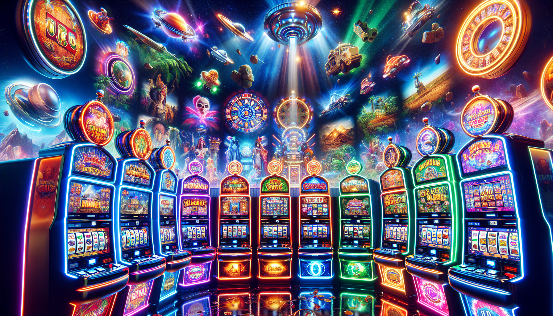 Illustration of colorful slot machines in an online casino