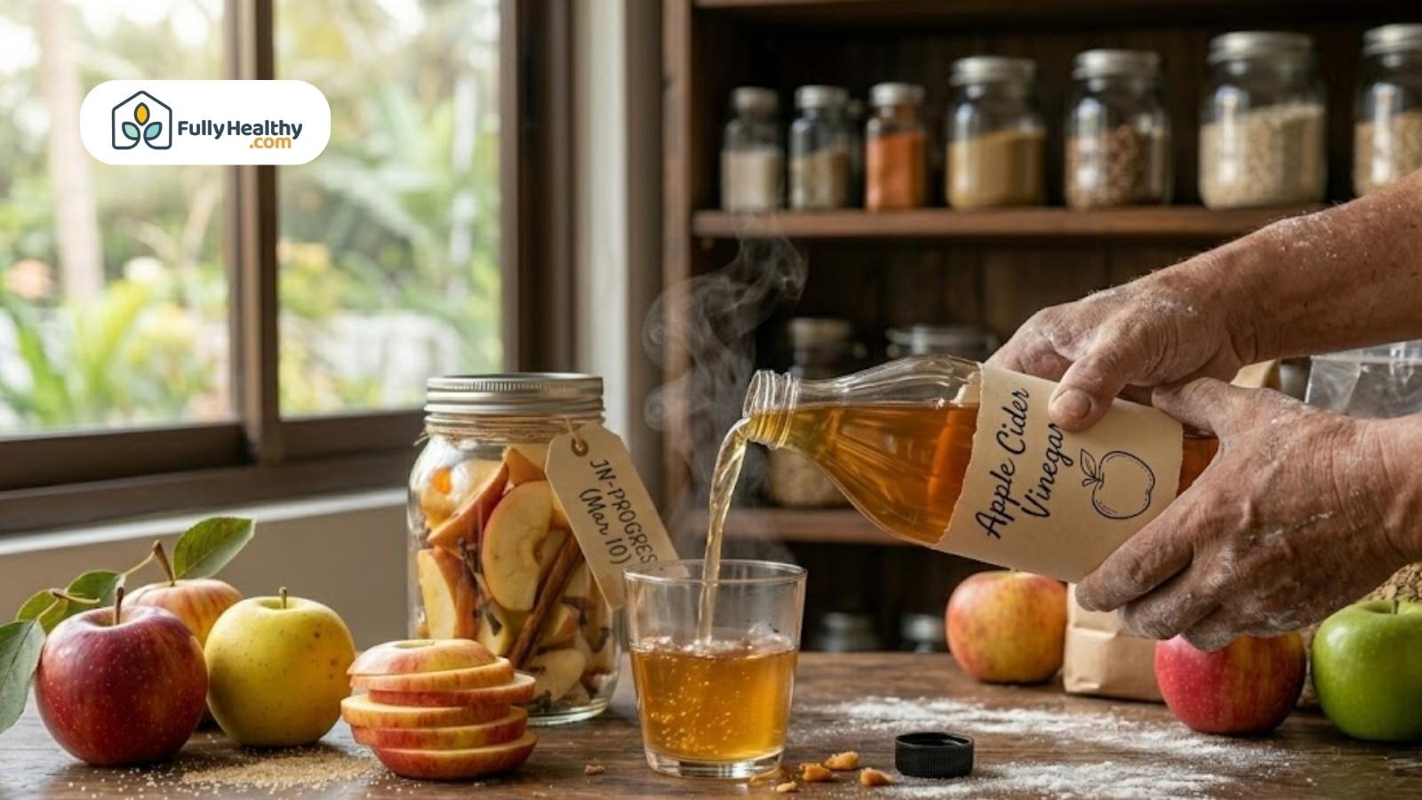 Pouring apple cider vinegar into glass beside fresh apples