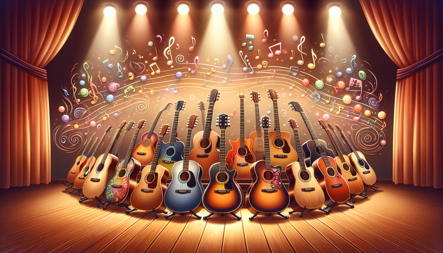 A cartoon of acoustic guitars ready for school performances, highlighting their importance in music education.