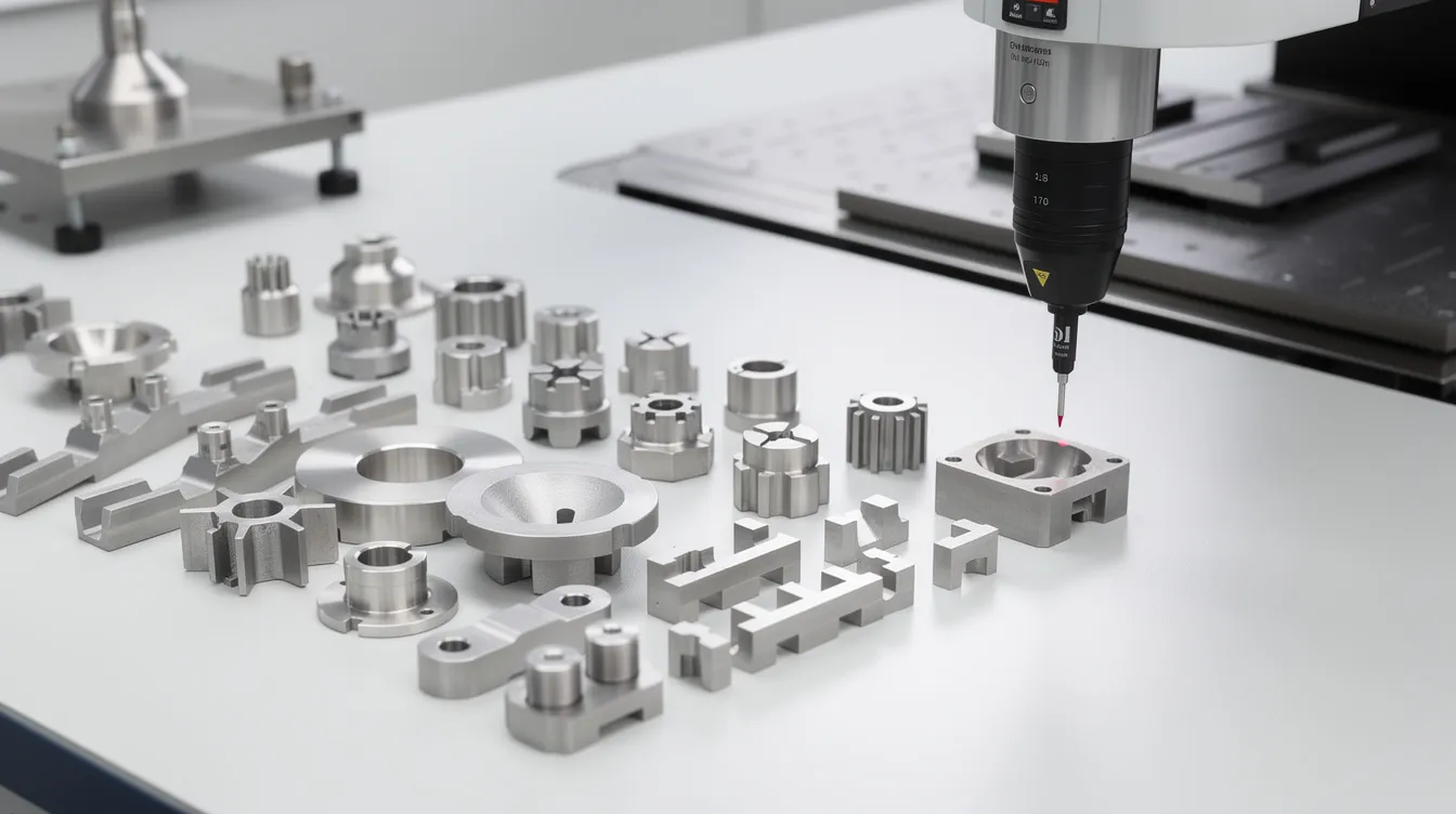 The image displays a collection of precision aerospace and medical CNC machined components meticulously arranged on a quality inspection table, alongside a Coordinate Measuring Machine (CMM) probe used for precise measurements. The setup highlights the modern CNC technology and manufacturing process involved in creating high precision parts.
