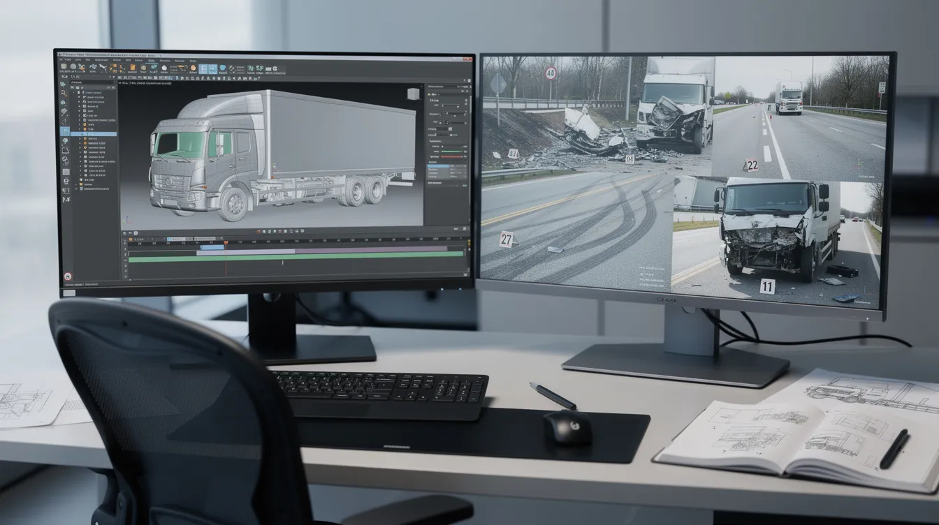 The image shows a professional workspace featuring dual monitors; one screen displays 3D truck modeling software while the other shows reference photographs of a crash scene. A sign on the desk indicates the workspace is dedicated to truck design and safety analysis.