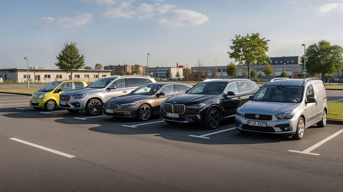 Varios coches de distintas categorías están aparcados en fila en un parking al aire libre, mostrando opciones para alquilar un coche en Nador, Marruecos. La imagen sugiere la disponibilidad de vehículos para los clientes que buscan un servicio de alquiler en el aeropuerto de Nador.