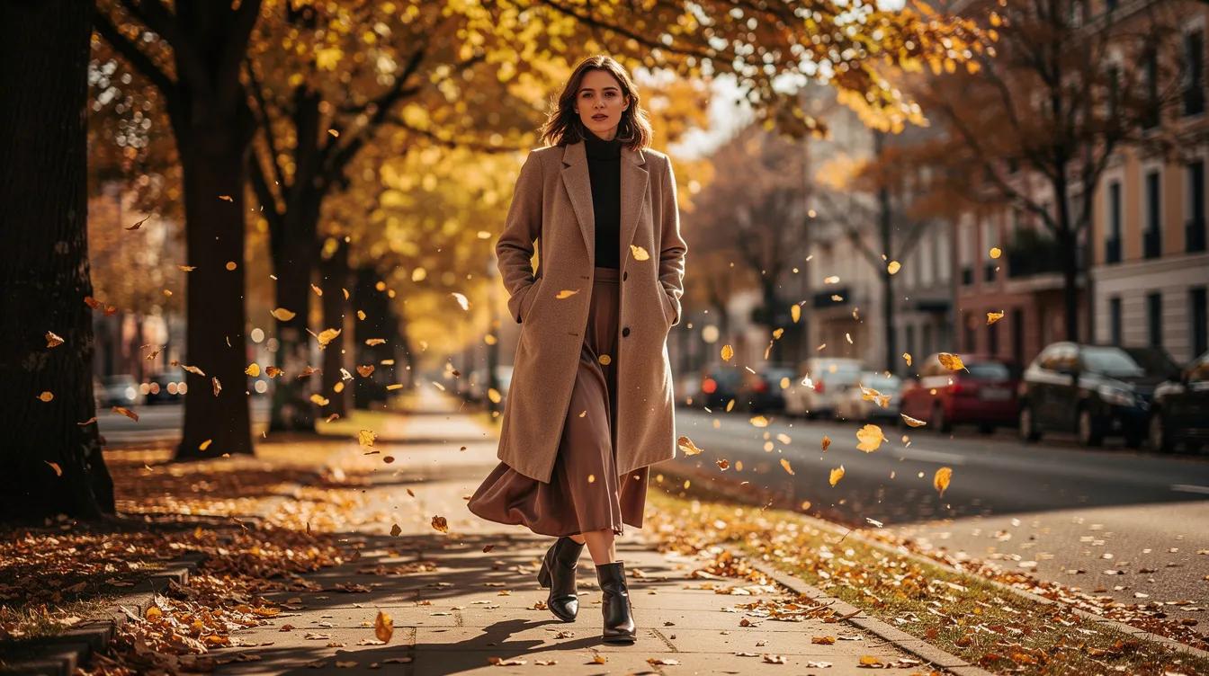 A woman is wearing a stylish midi skirt paired with ankle boots and a longline wool coat, walking along an autumn street adorned with golden leaves. Her chic outfit captures the essence of fall fashion, blending textures and colors perfectly for a casual yet sophisticated look.