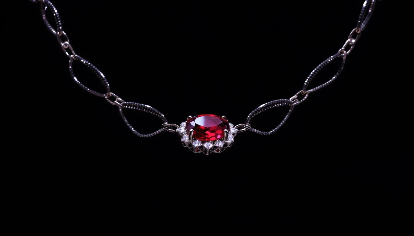 The image features a stunning crimson necklace, showcasing a beautifully crafted pendant that radiates warmth and love. This exquisite piece of jewellery symbolizes elegance, making it a perfect fit for any occasion and an essential item to add to your collection.