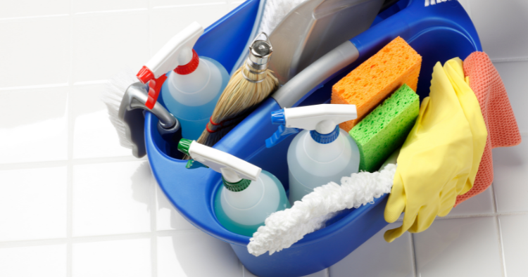Gather cleaning supplies like all purpose cleaner, brushes, gloves, and the likes.