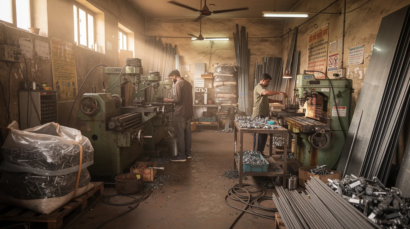 ddd1648a cd91 4cf4 89a9 bdec33e082e9 The image depicts a small Indian manufacturing workshop filled with various machinery and raw materials, showcasing the environment where micro enterprises operate. This setting highlights the potential for financial assistance through schemes like the Mudra loans, which empower small businesses and entrepreneurs to access credit and create assets.