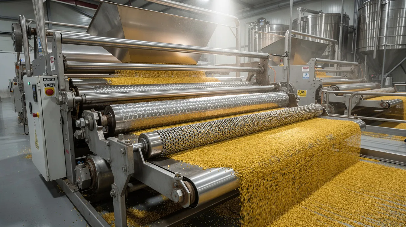 ddd371dc 8c05 4fb1 8e4e 95e3fb0d84ab The image shows a modern dal mill plant featuring industrial machinery with metal rollers and conveyor belts, designed for efficient processing of pulses like moong dal and black gram. The setup emphasizes a dust-free operation, showcasing the equipment's role in maintaining quality and customer satisfaction in the production process.