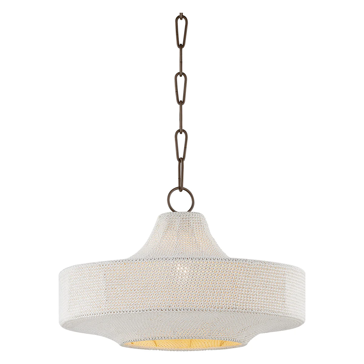 Thorne 1-Light Pendant with a woven textured shade and dark chain suspension.