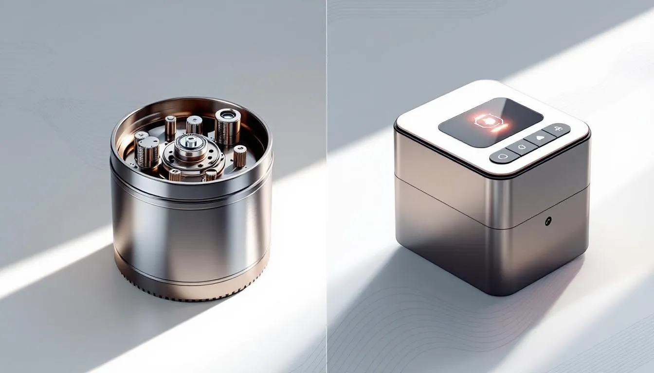 A side-by-side comparison of a manual and electric weed grinder.