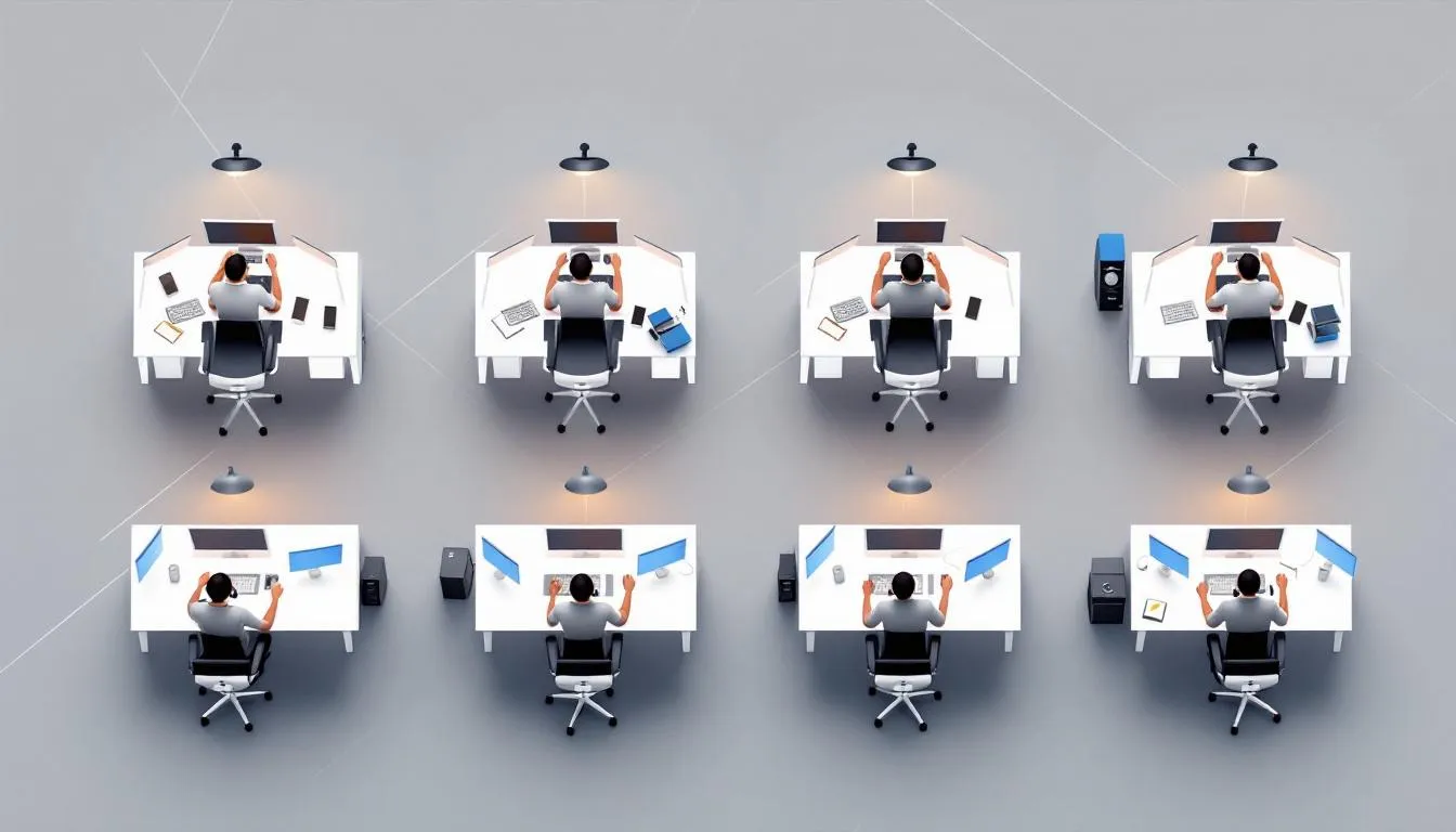 An overview of a modern contact center setup with agents at their desks.