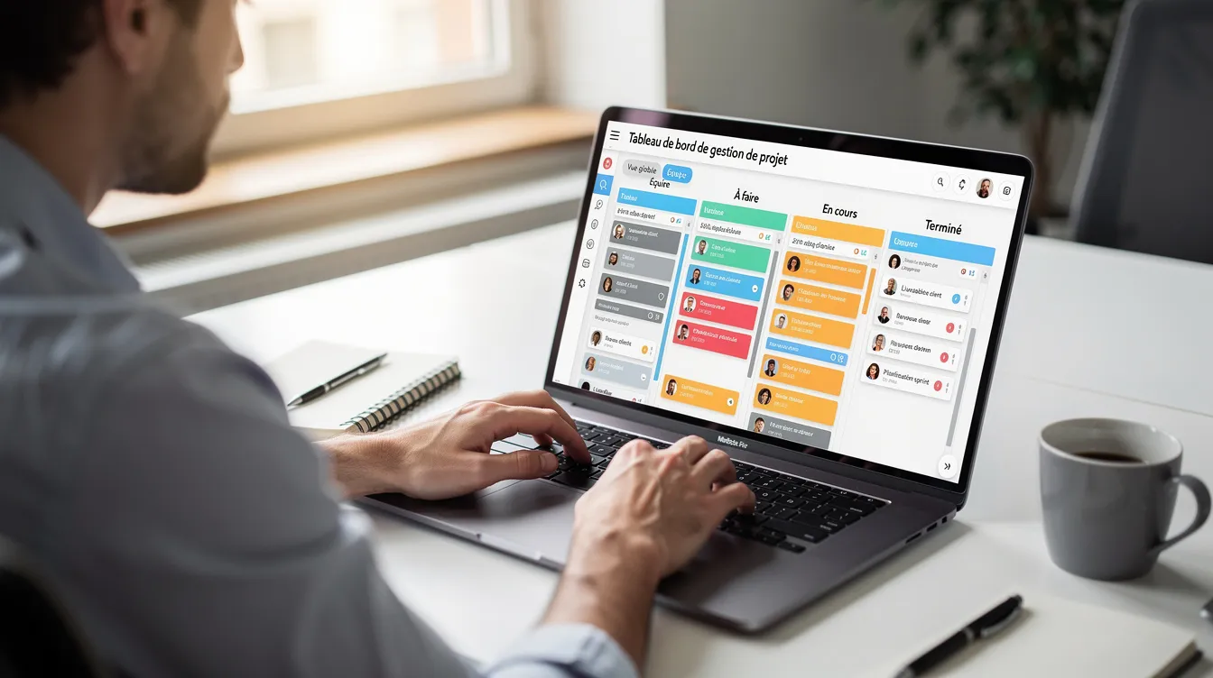 Une personne est assise devant un ordinateur portable, concentrée sur un tableau de bord de gestion de projet affiché à l'écran. Ce tableau pourrait être utilisé pour suivre des projets liés à la digitalisation et à la création de sites web, notamment dans le cadre de la prime digitalisation à Bruxelles.