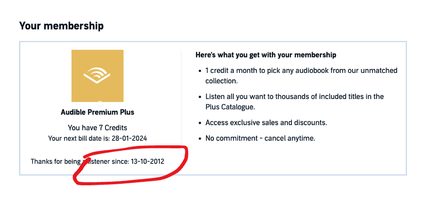 My Audible account - On Audible membership since 2012