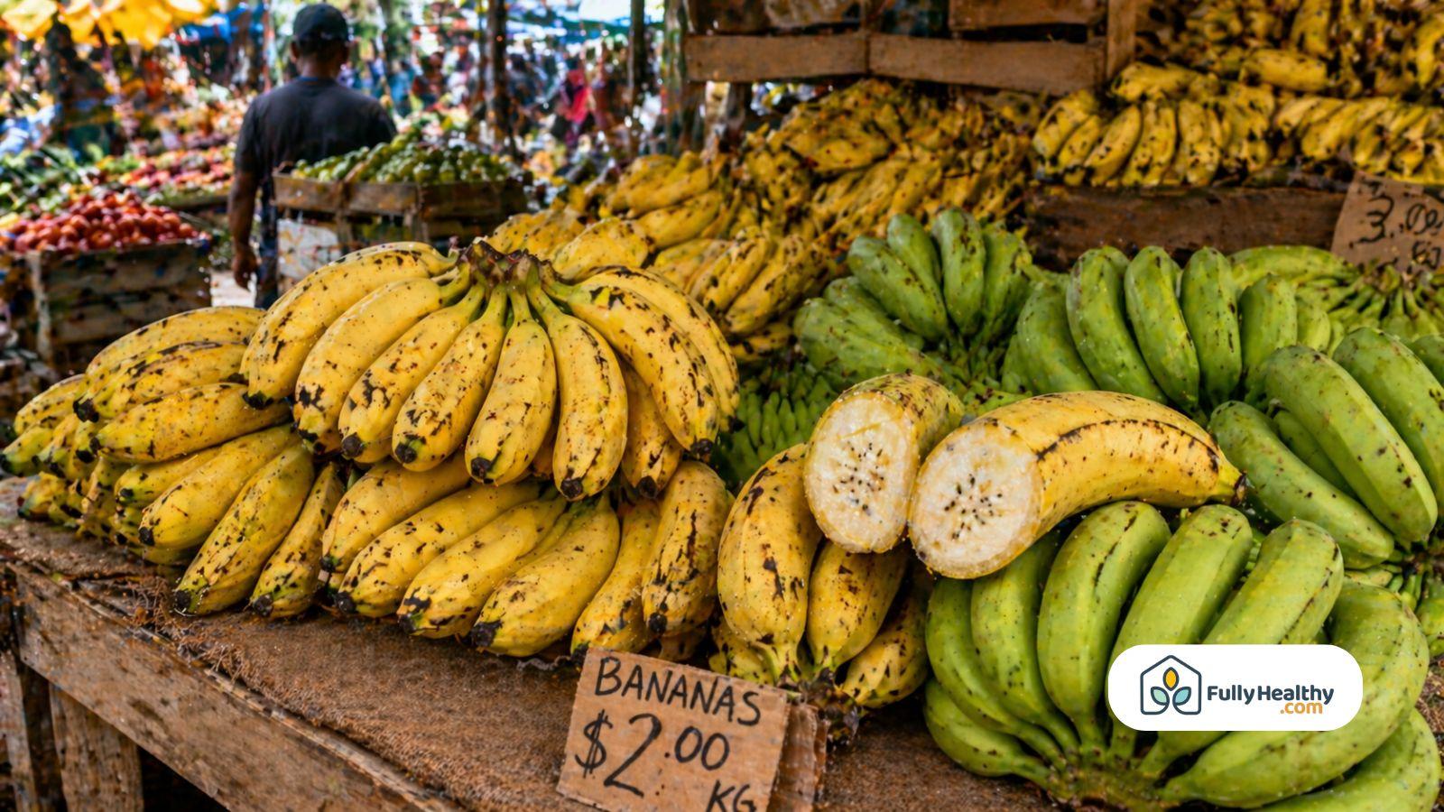 Fresh bananas displayed at market stall with sliced banana showing inside