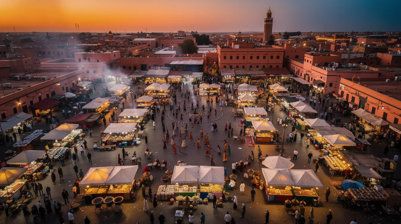 An overhead view of Jemaa el-Fnaa square at dusk captures the vibrant atmosphere of Marrakech, with smoke rising from food stalls and crowds gathering around street performers. This UNESCO World Heritage site, located in the heart of the city's medina, showcases the rich cultural heritage and lively ambiance that attracts most tourists to this major city in North Africa.
