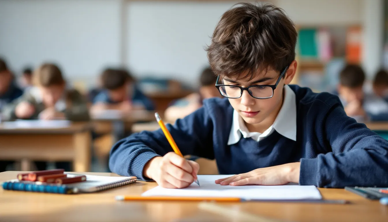 Ein Junge sitzt an einem Tisch und konzentriert sich auf seine Prüfungen, während er einen Stift in der Hand hält und auf ein Blatt Papier schaut. Die Atmosphäre ist ruhig, und er scheint sich intensiv auf die Prüfungsaufgaben zu konzentrieren, um sein Wissen und seine Kenntnisse erfolgreich zu zeigen.