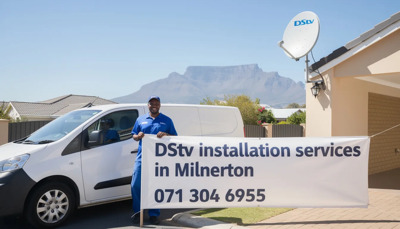 The image showcases a professional DStv installation service in Milnerton, featuring skilled technicians setting up a satellite dish for optimal signal reception. Contact details, including the phone number 071 304 6955, are prominently displayed, highlighting affordable and accredited DStv installers in the area.
