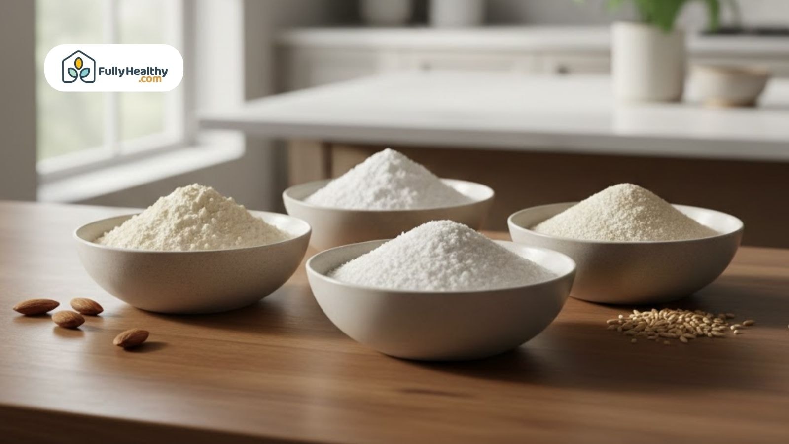 Different types of flour in bowls including almond flour compared to wheat flour.