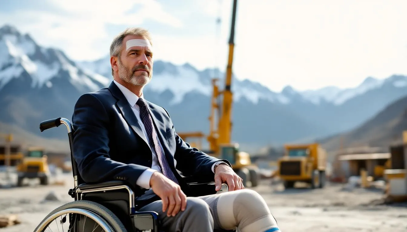 A client of a Colorado law firm stands in front of a mountainous backdrop, visibly injured from a construction site accident. This image highlights the importance of seeking legal help for workers compensation claims to ensure injured workers receive the benefits they deserve for their work-related injuries.