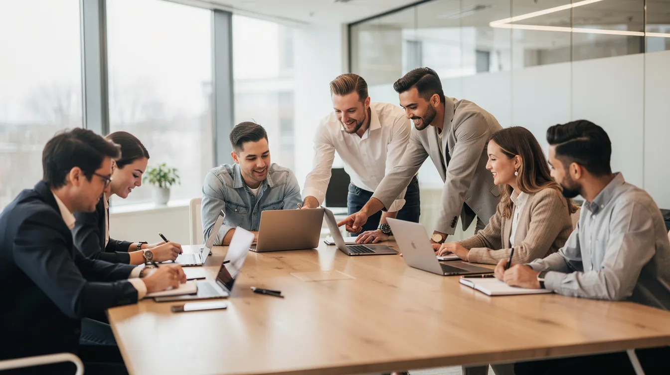 Een groep professionals werkt samen in een modern kantoor, omringd door laptops en notitieboeken, terwijl ze strategieën bespreken voor effectieve samenwerking en leiderschap. Hun interactie weerspiegelt de principes van goede managementboeken, gericht op persoonlijke groei en teamontwikkeling.