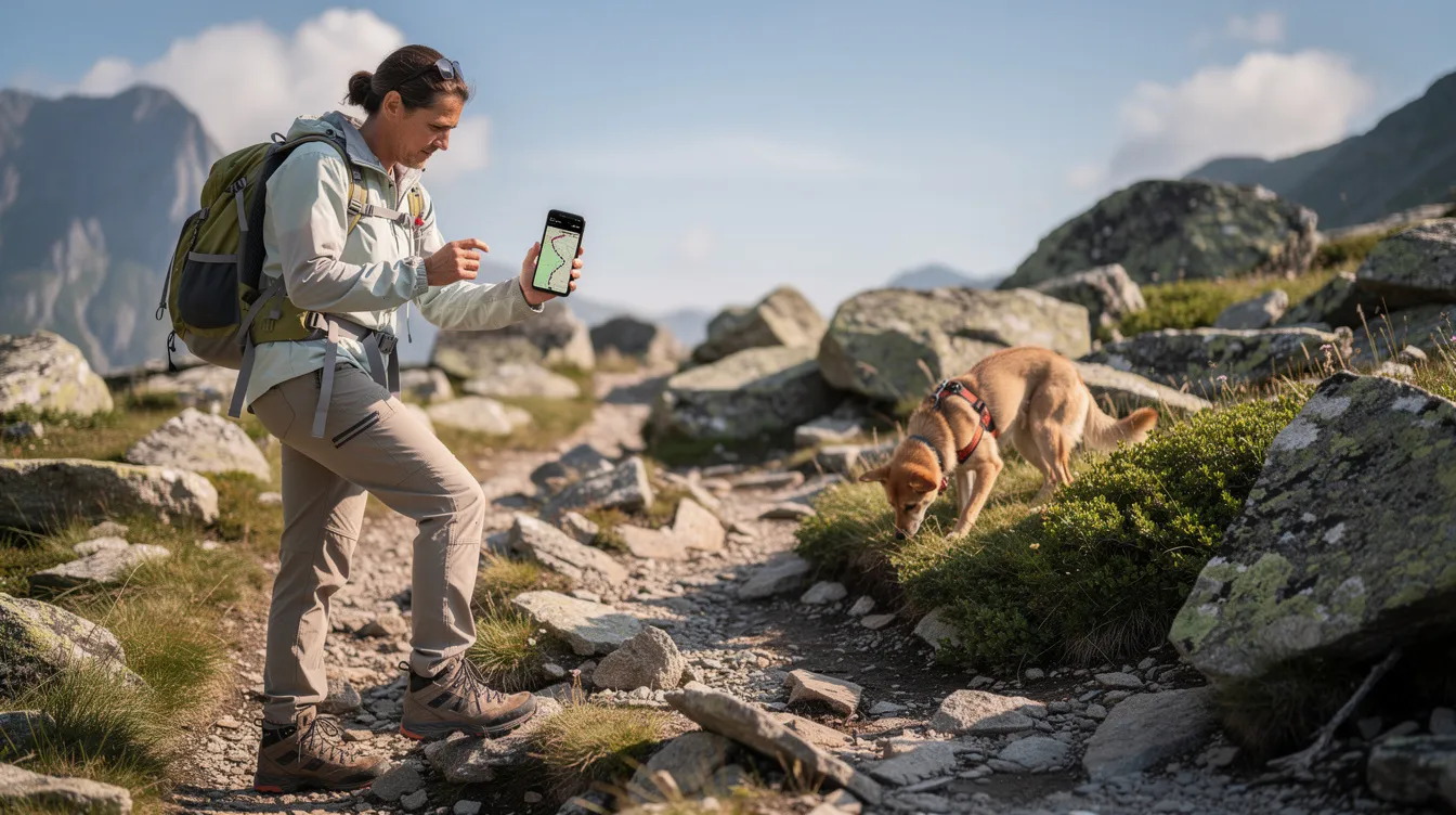 A hiker is focused on a GPS tracking app on their phone, while a dog explores a rocky trail ahead, embodying the spirit of outdoor adventures. The scene highlights the importance of location tracking for pet owners, ensuring their dog's safety during hikes.