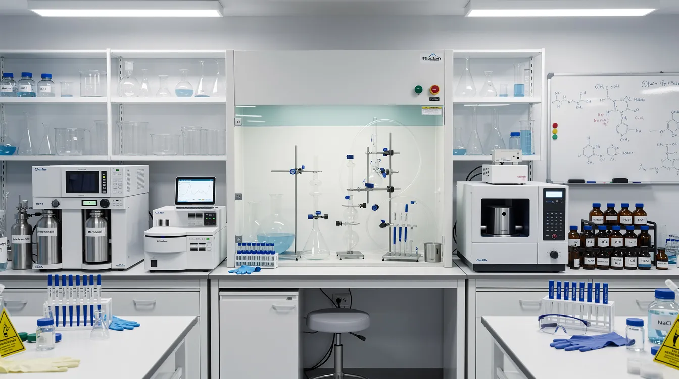 dddd4015 44f7 4cf9 9711 28026aa9aa04 The image depicts a modern chemical research laboratory filled with advanced analytical instruments and glass apparatus, highlighting the specialty chemicals industry. The environment showcases a commitment to quality control and safety protocols essential for chemical manufacturing processes.