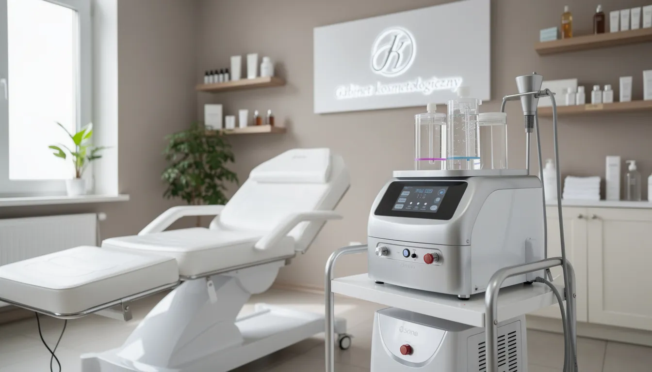 Na obrazku przedstawiono nowoczesne urządzenie do oczyszczania wodorowego w gabinecie kosmetologicznym, które służy do głębokiego oczyszczania skóry twarzy. Dzięki zastosowaniu tej technologii, możliwe jest dokładne oczyszczenie skóry, usunięcie martwych komórek naskórka oraz przywrócenie skórze zdrowego wyglądu i naturalnego blasku.