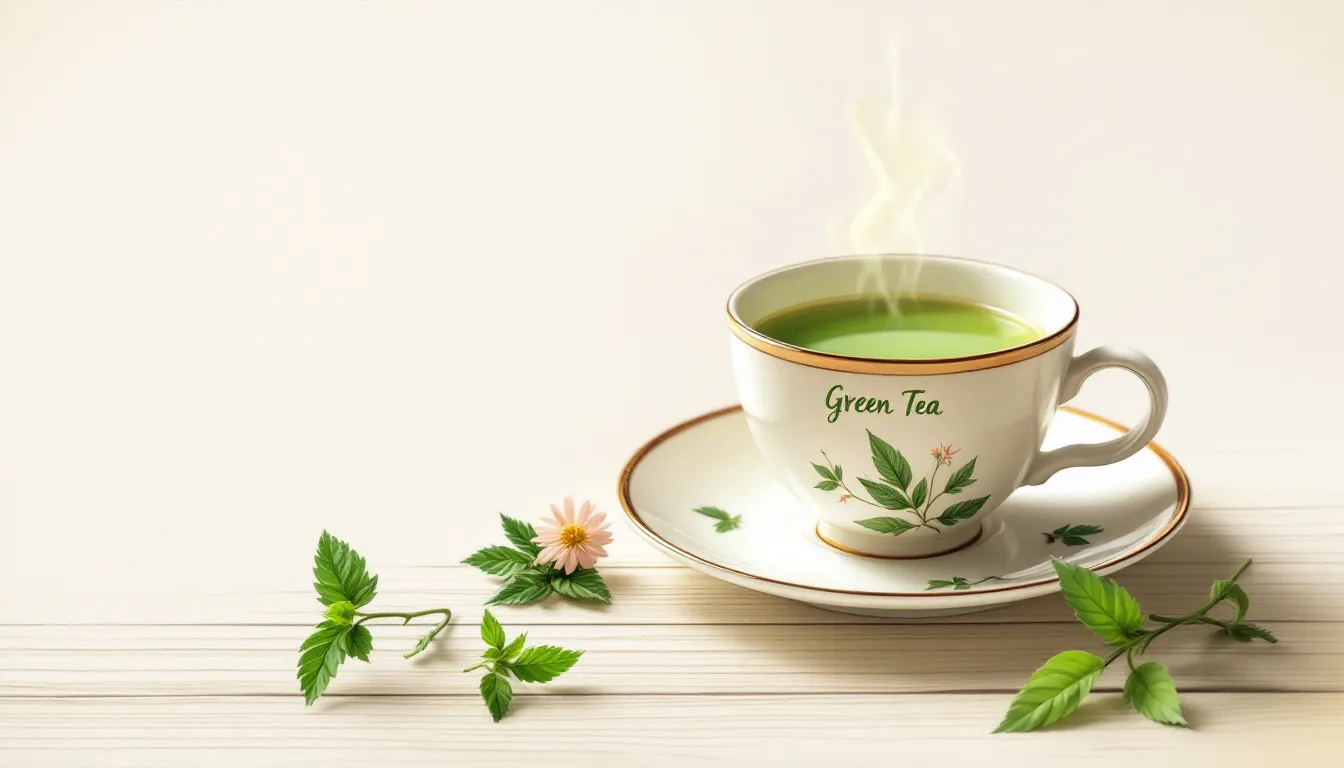 Top 8 Supplements for Memory Loss During Menopause Symptoms 5 A cup of green tea with leaves beside it, symbolizing mental performance enhancement.