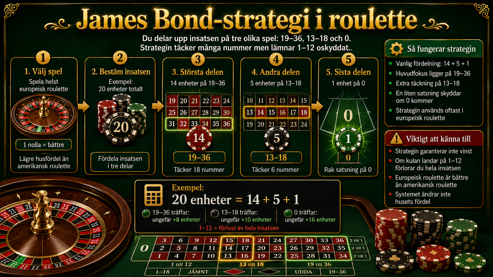 Infografik som visar James Bond strategi i roulette med satsningar på 19–36, 13–18 och 0.