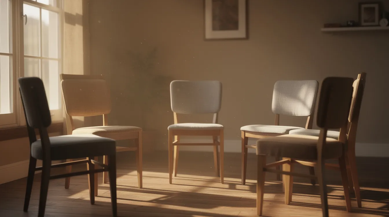 Chairs arranged in a circle in a warmly lit room, evoking the safe space of a men's group therapy community in New York