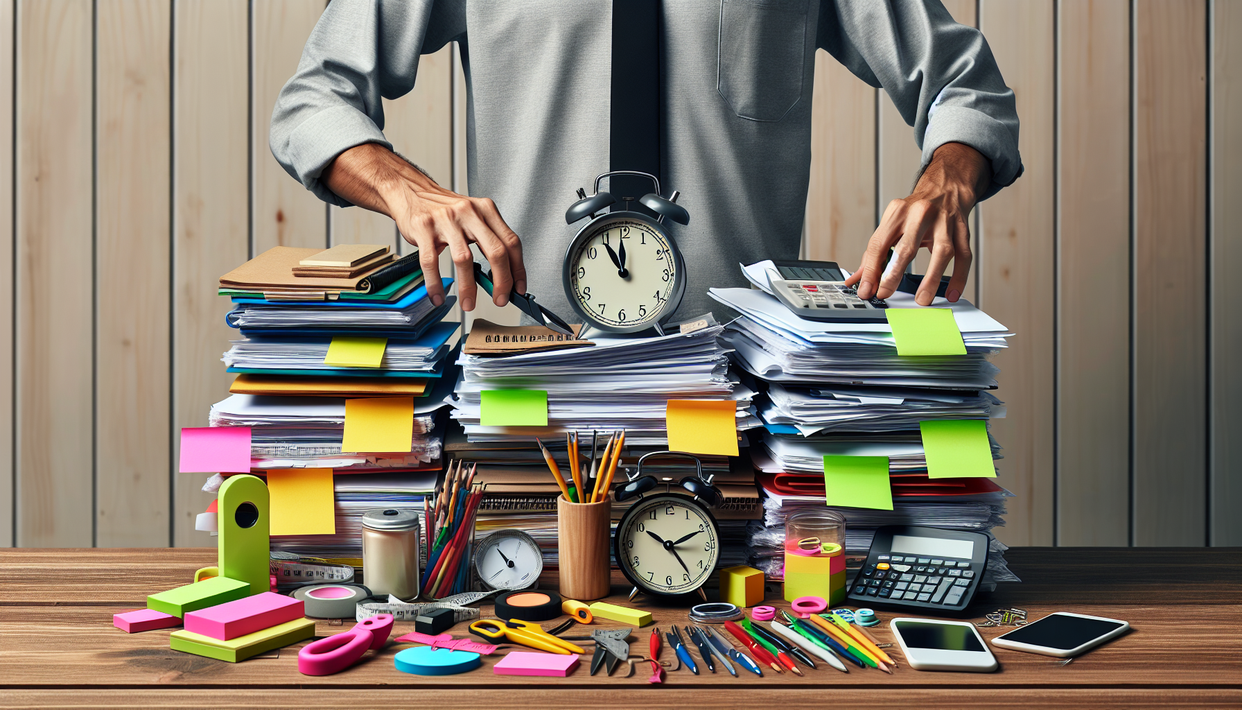 Illustration of a person organizing various tasks and documents on a desk