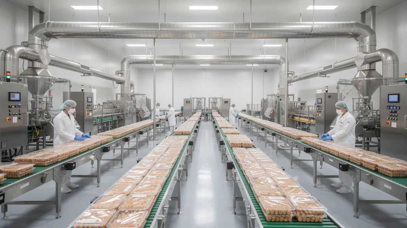 dde70152 30ba 4179 8061 e9bdb98771fe The image depicts the interior of a modern poha manufacturing plant, featuring stainless steel equipment and conveyor belts that streamline the production process of flattened rice. The environment is designed for efficiency, with systems in place for temperature control and automation, ensuring high-quality poha production while managing energy costs.
