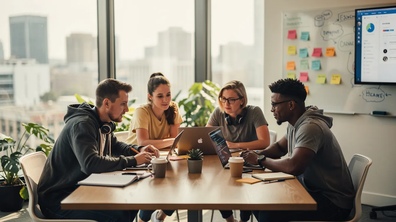 A small team of developers working together on laptops