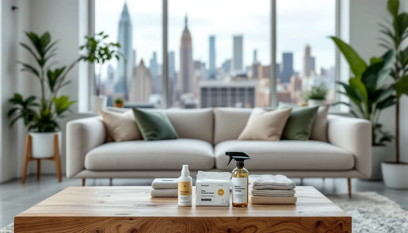Eco-friendly cleaning products used for sofa cleaning services.