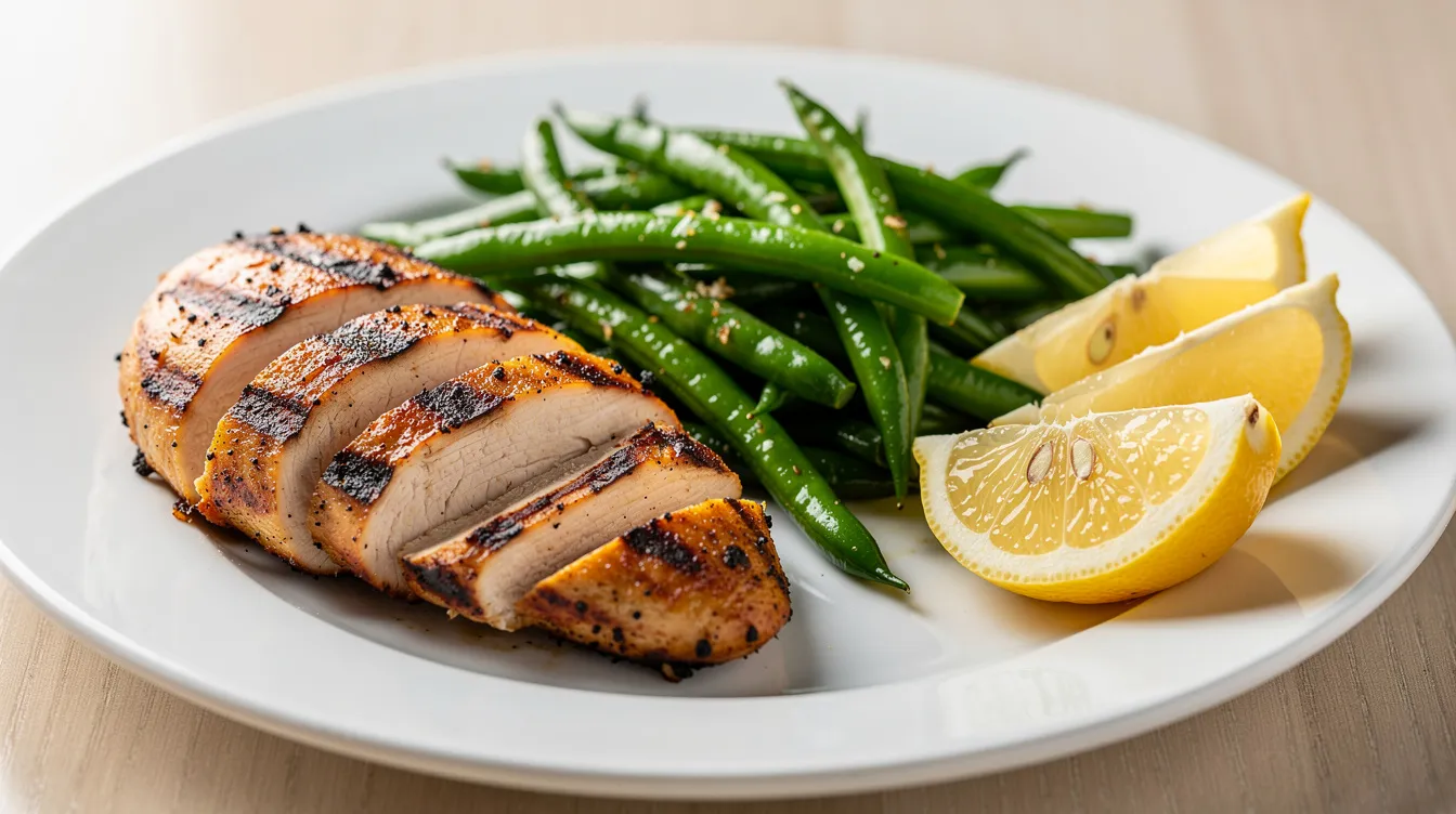 A grilled chicken breast is beautifully arranged on a white plate, accompanied by vibrant steamed green beans and fresh lemon wedges, making it a perfect example of a low calorie, high protein meal ideal for balanced eating and meal prep. This dish not only supports protein goals but also offers a delicious recipe option for healthy weeknight dinners.