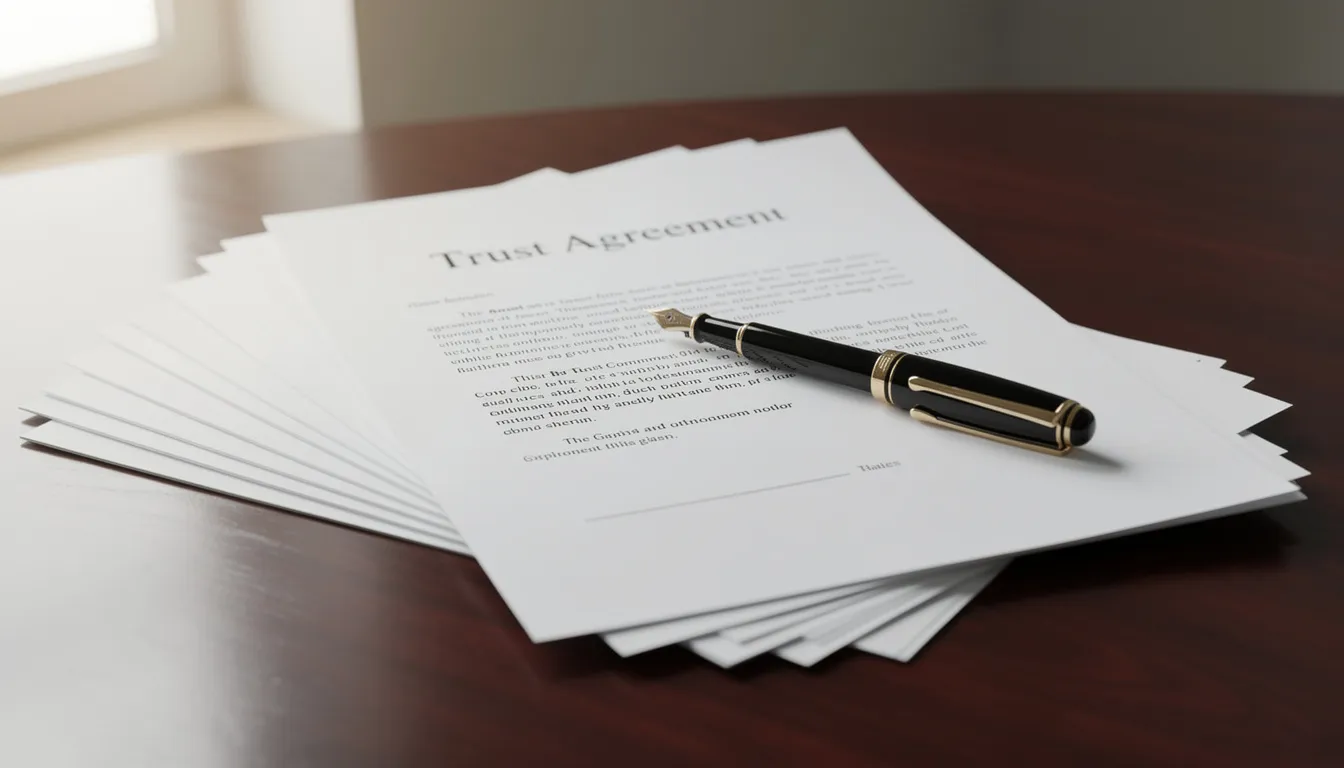 The image shows a wooden desk featuring a trust agreement and other estate planning documents, accompanied by a fountain pen, symbolizing the importance of legal documentation in managing financial affairs and protecting assets for loved ones. This setup reflects the role of experienced estate planning attorneys in guiding individuals through the legal process of creating a comprehensive estate plan.