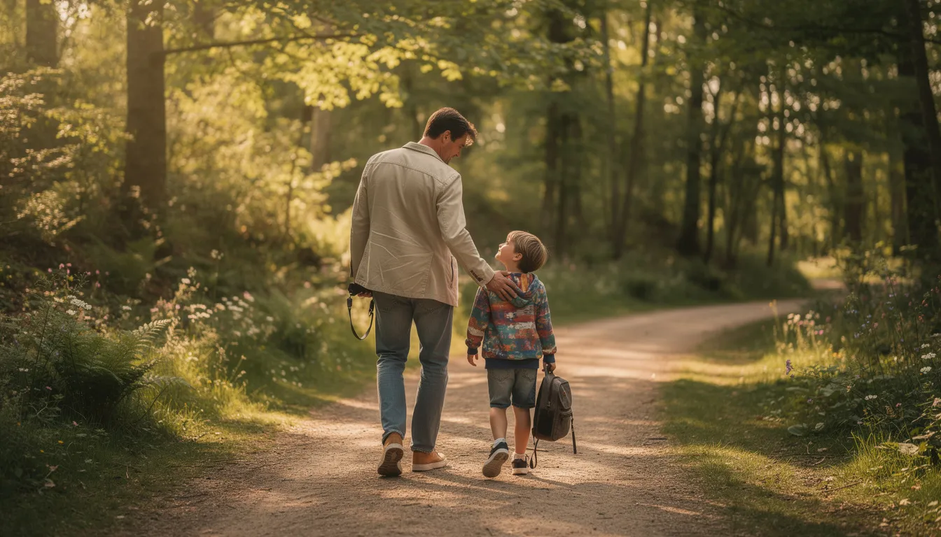 A father and son walk together on a nature trail, symbolizing strong leadership in the home and the importance of nurturing a godly relationship through shared experiences in everyday life. This moment reflects their bond as they embrace spiritual growth and the values of faith, trust in God, and the teachings of Jesus Christ.