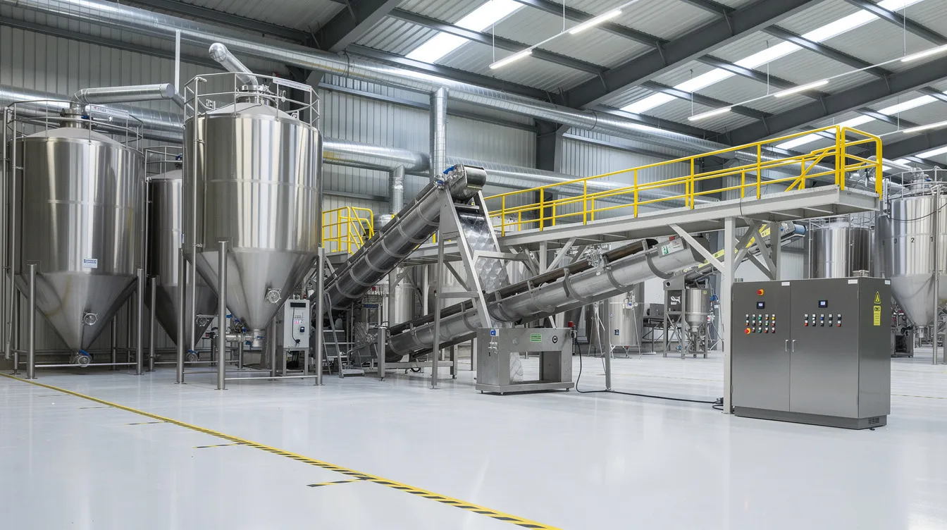 dde9e992 3104 438b b0ca fe598ca59adf The image depicts industrial grain processing equipment within a food manufacturing facility, showcasing machinery designed for the milling and production of various flours, including gram flour and sattu. This setup highlights the manufacturing process essential for food processing industries, emphasizing efficiency and low maintenance in the production of raw materials for household consumption.