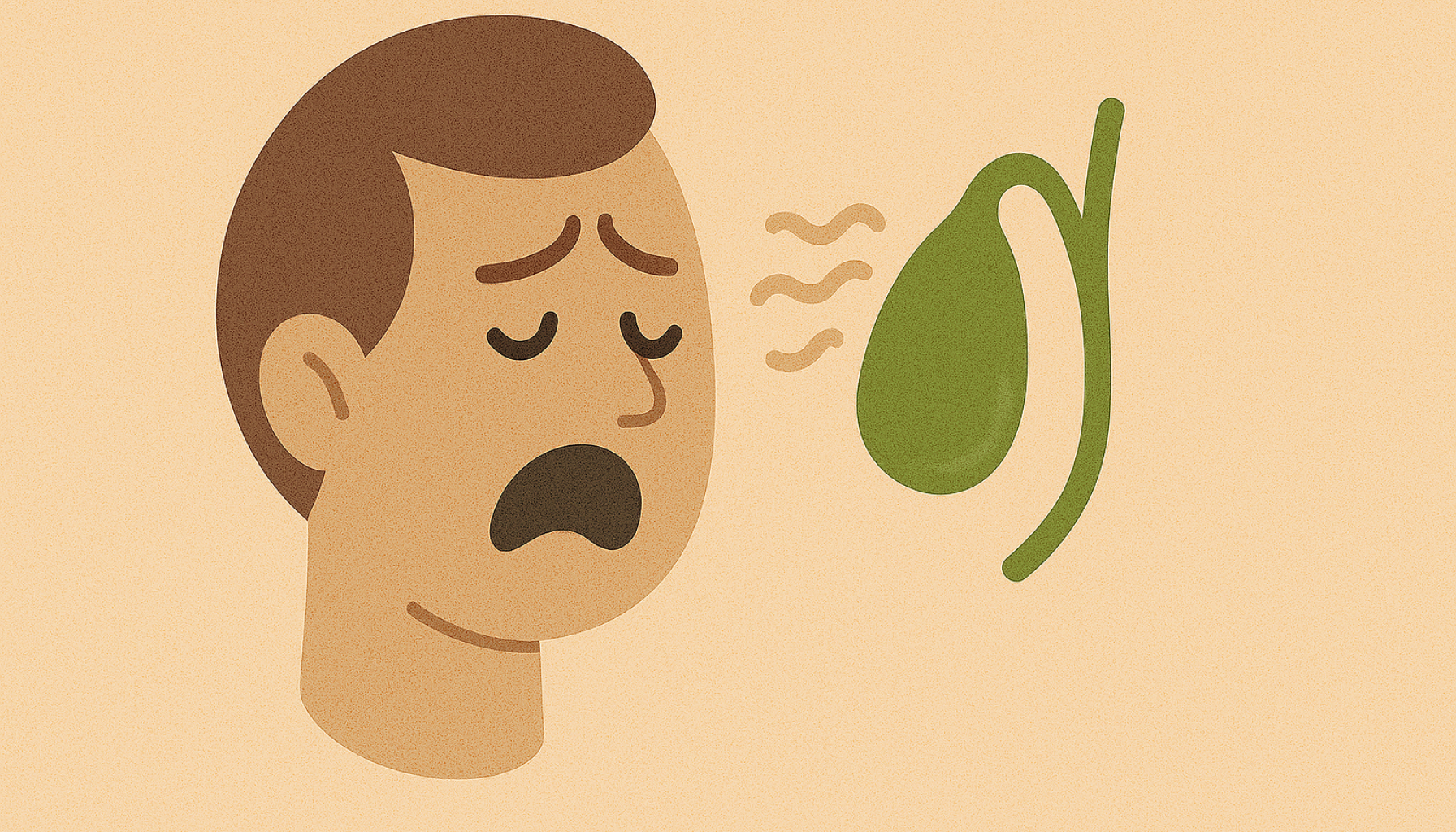 Illustrasjon av galleblære som påvirker munnhulen, med symbolsk forbindelse mellom fordøyelse og munnhelse."