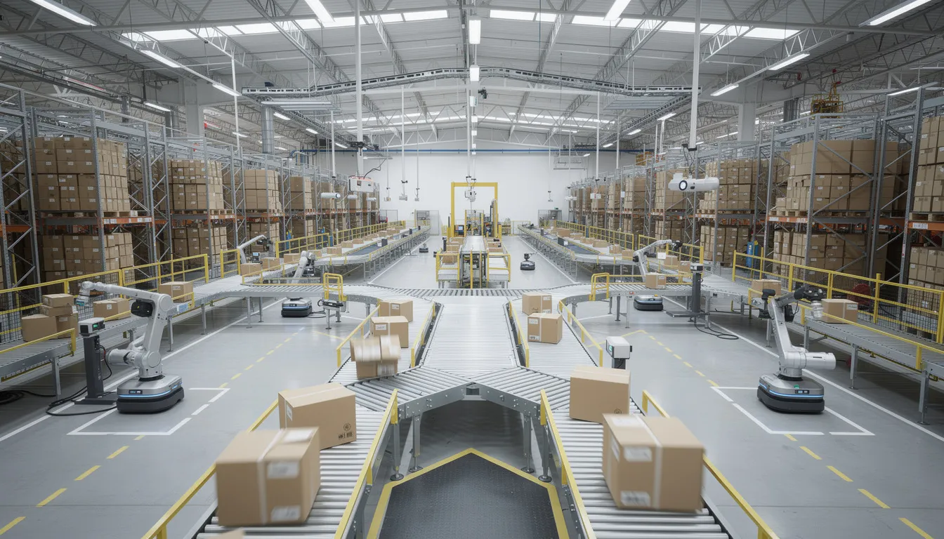 The image depicts a modern warehouse featuring advanced automated fulfillment systems and package conveyors, designed to enhance the efficiency of ecommerce businesses. This setup is crucial for optimizing site speed and improving the overall ecommerce SEO strategy, ultimately driving more organic traffic to online stores.