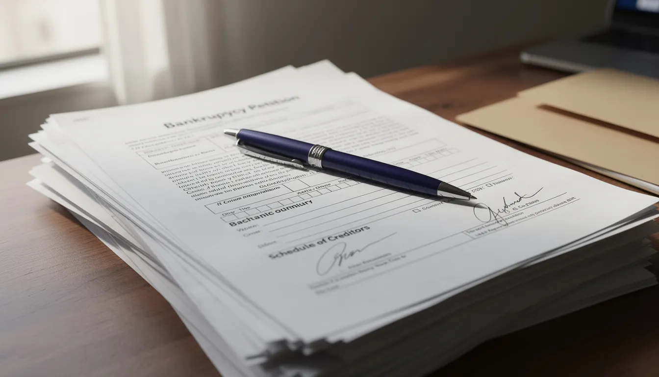 A stack of bankruptcy legal documents and forms is neatly arranged on a desk, accompanied by a pen, symbolizing the bankruptcy process and the assistance provided by experienced attorneys in Torrance. This image reflects the commitment of a bankruptcy law firm to help clients achieve financial freedom and navigate their debt relief options.
