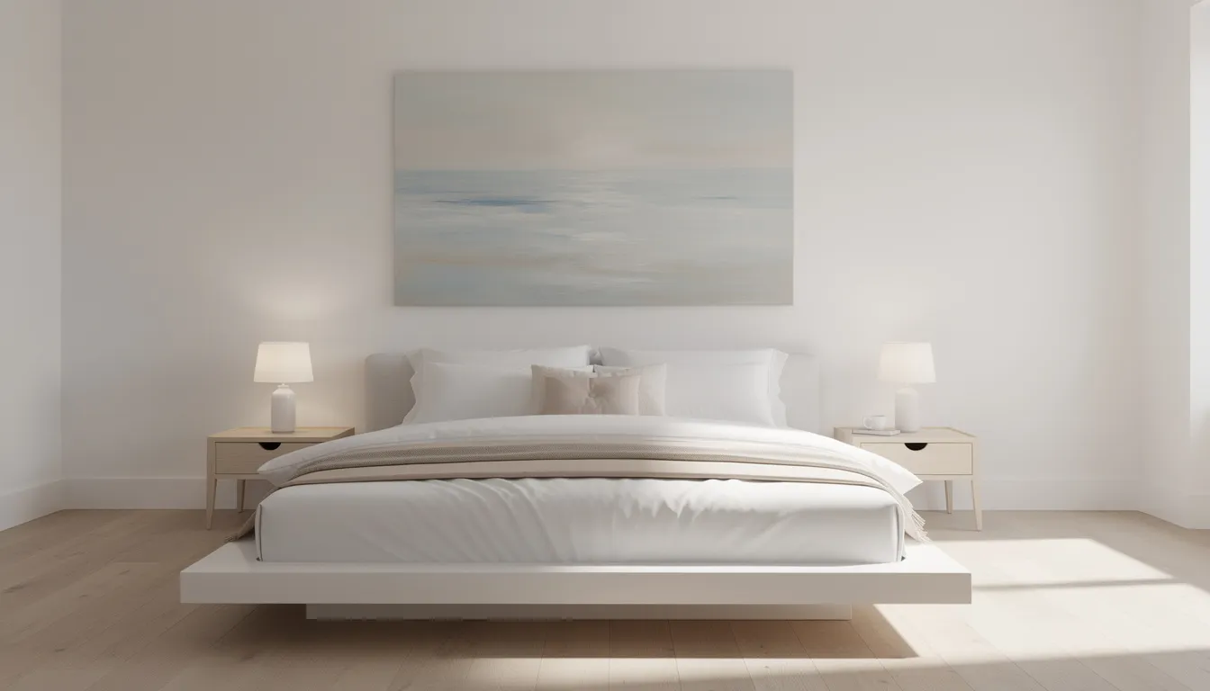 En minimalistisk sovrumsmiljö med en lugnande abstrakt tavla av havet i mjuka blå och beige toner hängande ovanför sängen. Rummet utstrålar en modern stil och skapar en harmonisk atmosfär för avkoppling.